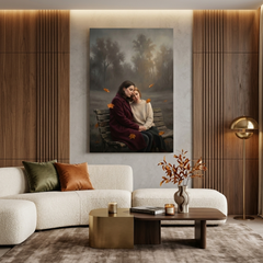 Autumn Embrace on a Bench – Soft Surreal Conceptual Canvas Art