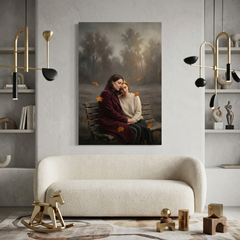Autumn Embrace on a Bench – Soft Surreal Conceptual Canvas Art
