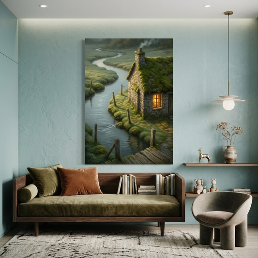 Moss Cottage by the River – Soft Surreal Conceptual Canvas Art