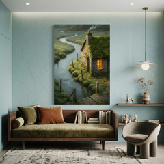 Moss Cottage by the River – Soft Surreal Conceptual Canvas Art