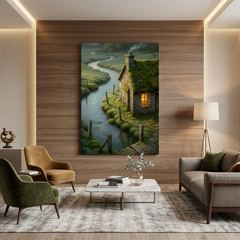Moss Cottage by the River – Soft Surreal Conceptual Canvas Art