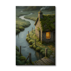 Moss Cottage by the River – Soft Surreal Conceptual Canvas Art