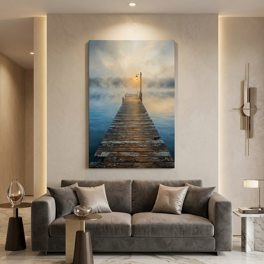 Lamplit Pier into the Mist – Soft Surreal Conceptual Canvas Art