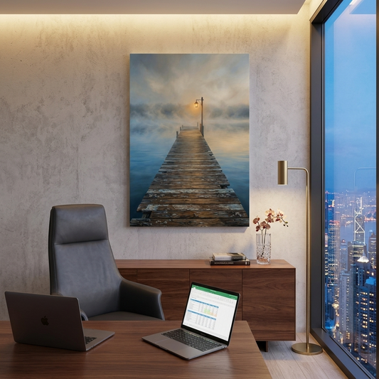 Lamplit Pier into the Mist – Soft Surreal Conceptual Canvas Art
