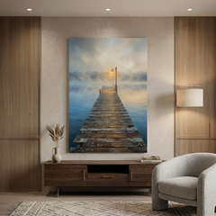 Lamplit Pier into the Mist – Soft Surreal Conceptual Canvas Art