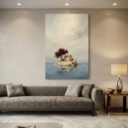 The Crimson Tree Isle – Soft Surreal Conceptual Canvas Art