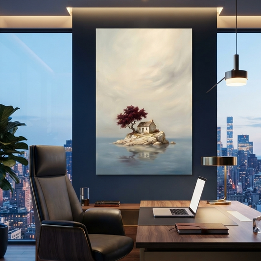 The Crimson Tree Isle – Soft Surreal Conceptual Canvas Art