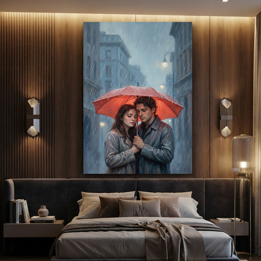 The Red Umbrella Embrace – Soft Surreal Conceptual Canvas Art