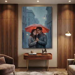 The Red Umbrella Embrace – Soft Surreal Conceptual Canvas Art