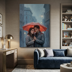 The Red Umbrella Embrace – Soft Surreal Conceptual Canvas Art