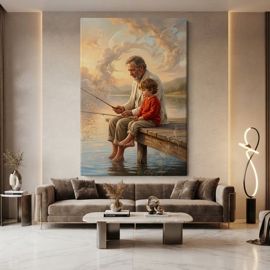 Fishing Through Golden Memories – Soft Surreal Conceptual Canvas Art