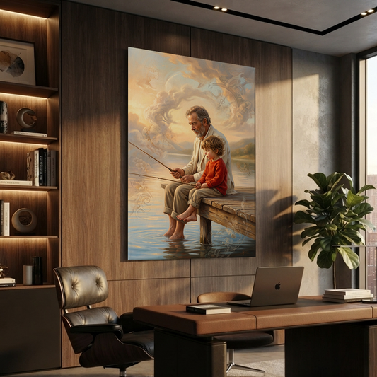 Fishing Through Golden Memories – Soft Surreal Conceptual Canvas Art