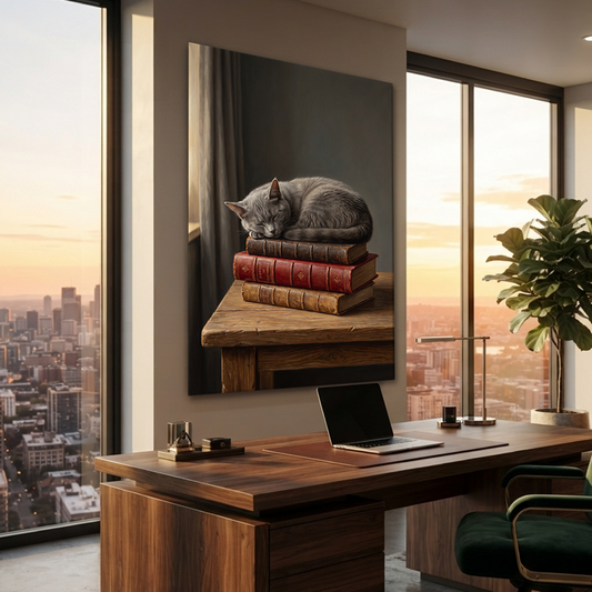 The Sleepy Scholar Cat – Soft Surreal Conceptual Canvas Art