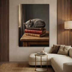 The Sleepy Scholar Cat – Soft Surreal Conceptual Canvas Art