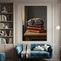 The Sleepy Scholar Cat – Soft Surreal Conceptual Canvas Art
