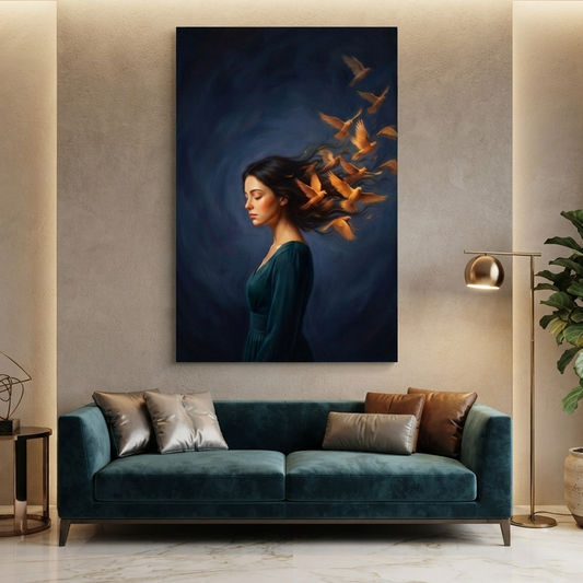 Her Thoughts Take Flight – Soft Surreal Conceptual Canvas Art