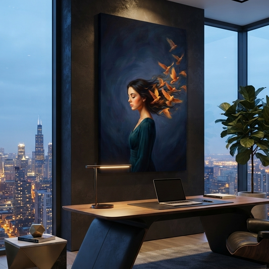 Her Thoughts Take Flight – Soft Surreal Conceptual Canvas Art