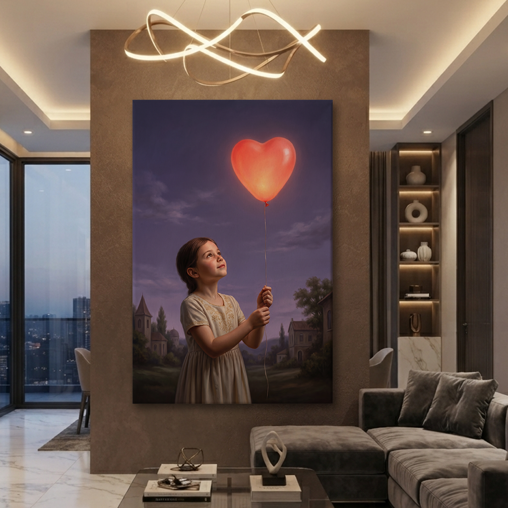The Glowing Heart Balloon – Soft Surreal Conceptual Canvas Art