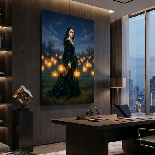 The Lantern Field Walk – Soft Surreal Conceptual Canvas Art