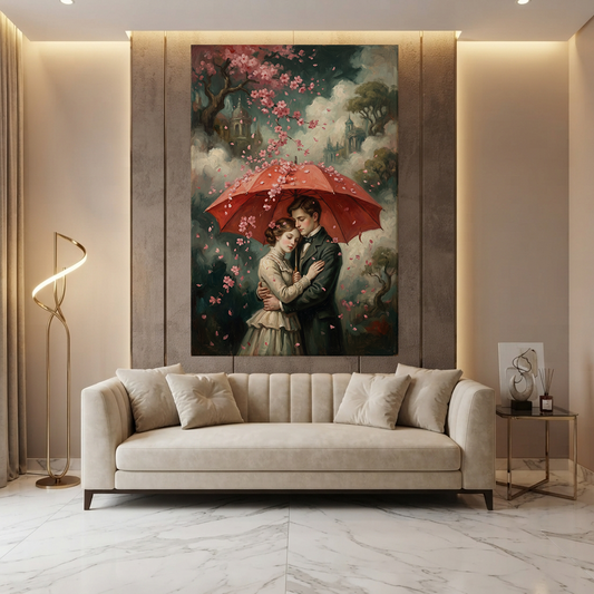 The Blossom Umbrella Embrace – Soft Surreal Conceptual Canvas Art