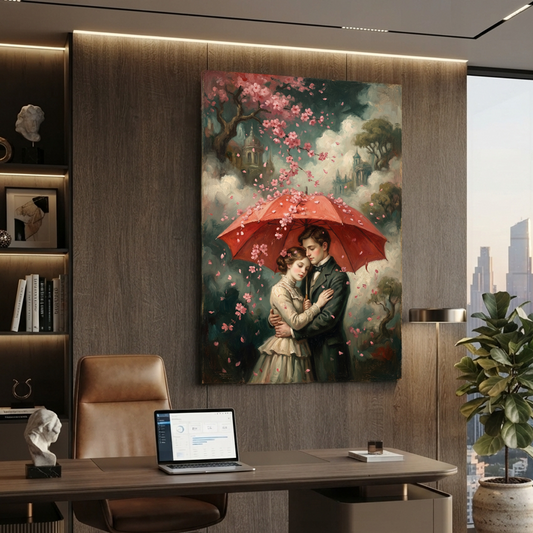 The Blossom Umbrella Embrace – Soft Surreal Conceptual Canvas Art