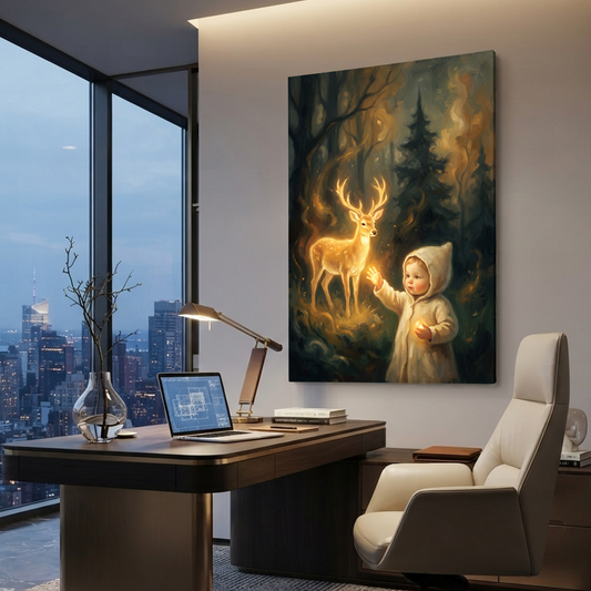 The Golden Deer Encounter – Soft Surreal Conceptual Canvas Art