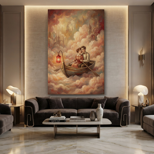 Rowing Through Rosy Clouds – Soft Surreal Conceptual Canvas Art