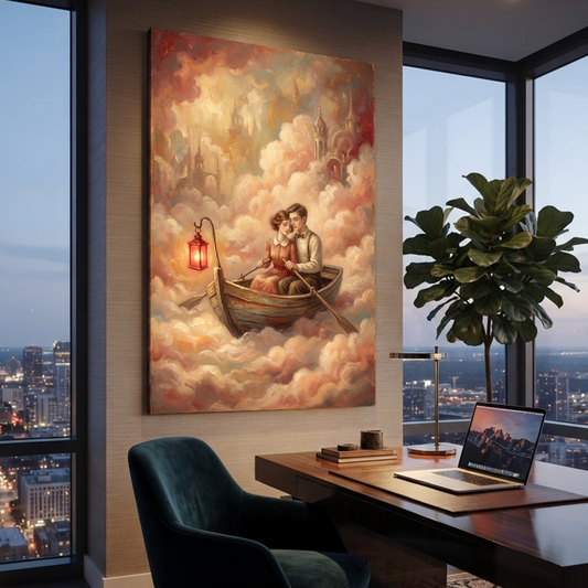 Rowing Through Rosy Clouds – Soft Surreal Conceptual Canvas Art