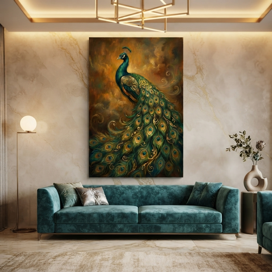 The Gilded Peacock Reverie – Soft Surreal Conceptual Canvas Art