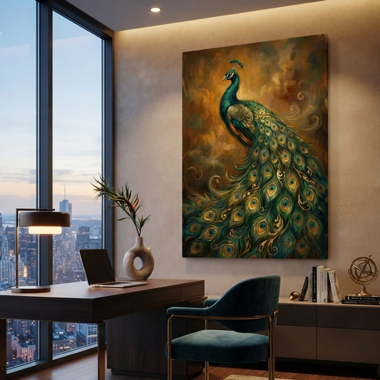 The Gilded Peacock Reverie – Soft Surreal Conceptual Canvas Art