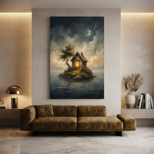 The Lonely Moonlit Cottage – Soft Surreal Conceptual Canvas Art
