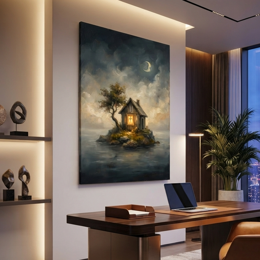 The Lonely Moonlit Cottage – Soft Surreal Conceptual Canvas Art
