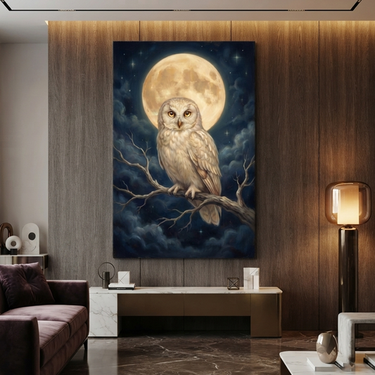 The Moonlit Guardian Owl – Soft Surreal Conceptual Canvas Art