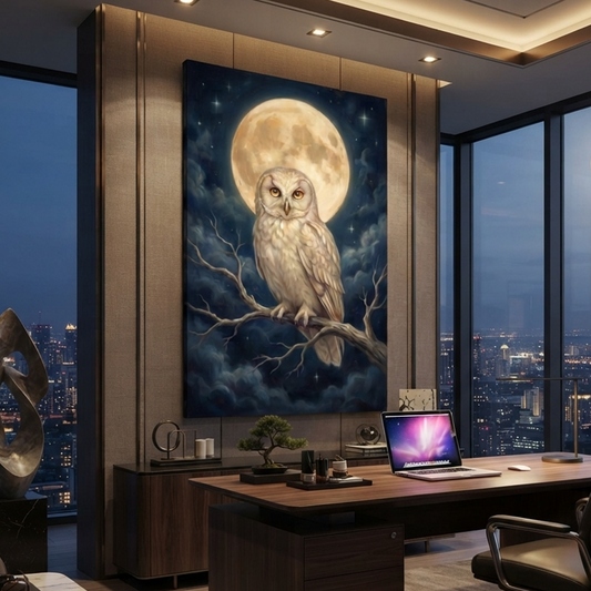 The Moonlit Guardian Owl – Soft Surreal Conceptual Canvas Art