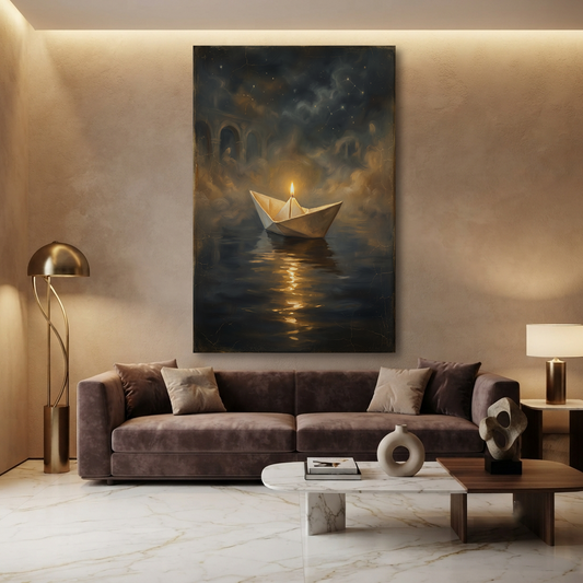 The Candlelit Paper Voyage – Soft Surreal Conceptual Canvas Art