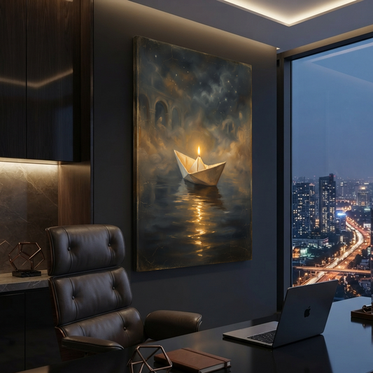 The Candlelit Paper Voyage – Soft Surreal Conceptual Canvas Art