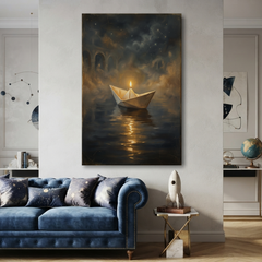 The Candlelit Paper Voyage – Soft Surreal Conceptual Canvas Art