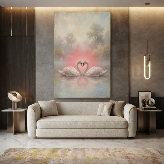 Swan Hearts At Dawn – Soft Surreal Conceptual Canvas Art