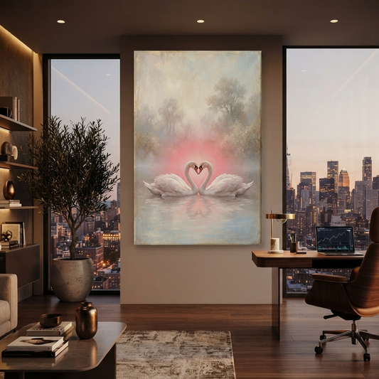 Swan Hearts At Dawn – Soft Surreal Conceptual Canvas Art