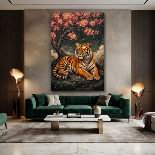 Tiger Beneath Blossom Rain – Soft Surreal Conceptual Canvas Art