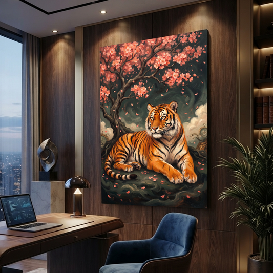 Tiger Beneath Blossom Rain – Soft Surreal Conceptual Canvas Art