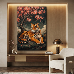 Tiger Beneath Blossom Rain – Soft Surreal Conceptual Canvas Art