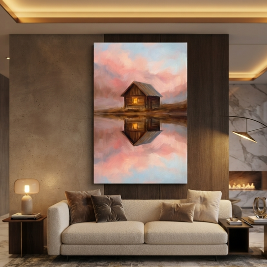 The Pink Sky Mirror Cabin – Soft Surreal Conceptual Canvas Art