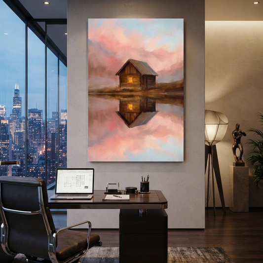 The Pink Sky Mirror Cabin – Soft Surreal Conceptual Canvas Art