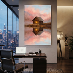 The Pink Sky Mirror Cabin – Soft Surreal Conceptual Canvas Art