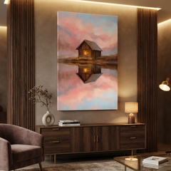 The Pink Sky Mirror Cabin – Soft Surreal Conceptual Canvas Art