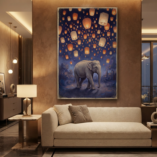 The Elephant Lantern Festival – Soft Surreal Conceptual Canvas Art