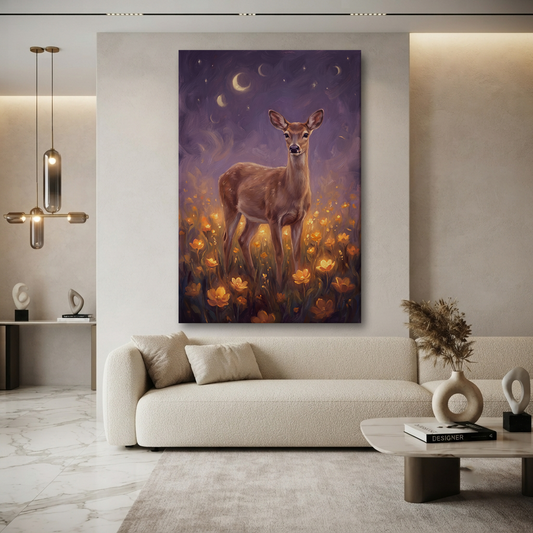 The Lantern Meadow Deer – Soft Surreal Conceptual Canvas Art