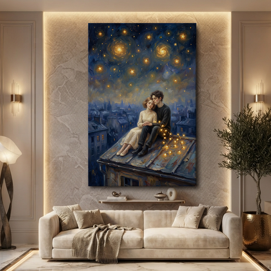 Rooftop Under Swirling Stars – Soft Surreal Conceptual Canvas Art