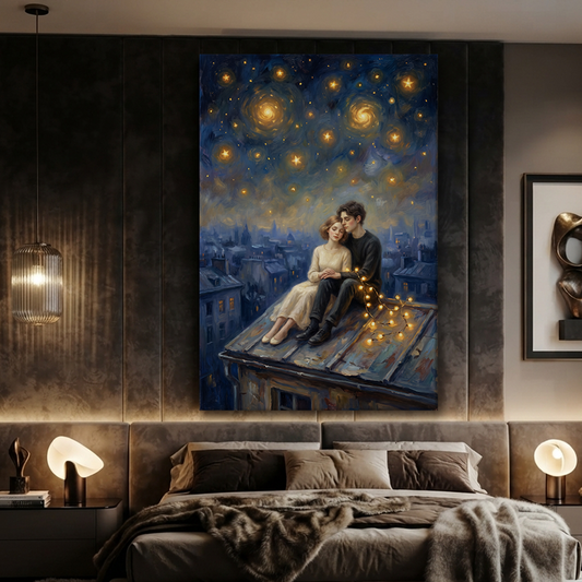Rooftop Under Swirling Stars – Soft Surreal Conceptual Canvas Art
